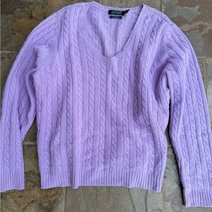 Lauren Ralph Lauren purple Lilac CableKnit  100% Cashmere V Neck Sweater 1X XL